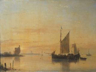 Andreas Schelfhout - A calm: sailing vessels at anchor on the Merwede river with Dordrecht beyond