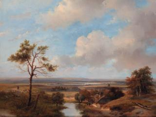 Andreas Schelfhout - A panoramic dune landscape in the vicinity of Haarlem with villagers conversing by a barn in the foreground