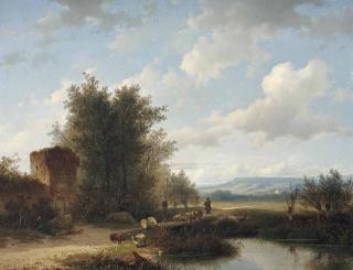 Andreas Schelfhout - A panoramic landscape with a shepherd and his flock