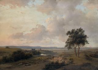Andreas Schelfhout - A panoramic summer landscape with figures on a path