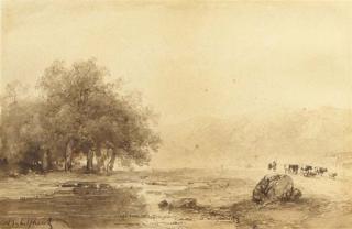 Andreas Schelfhout - A river landscape with cattle on a path