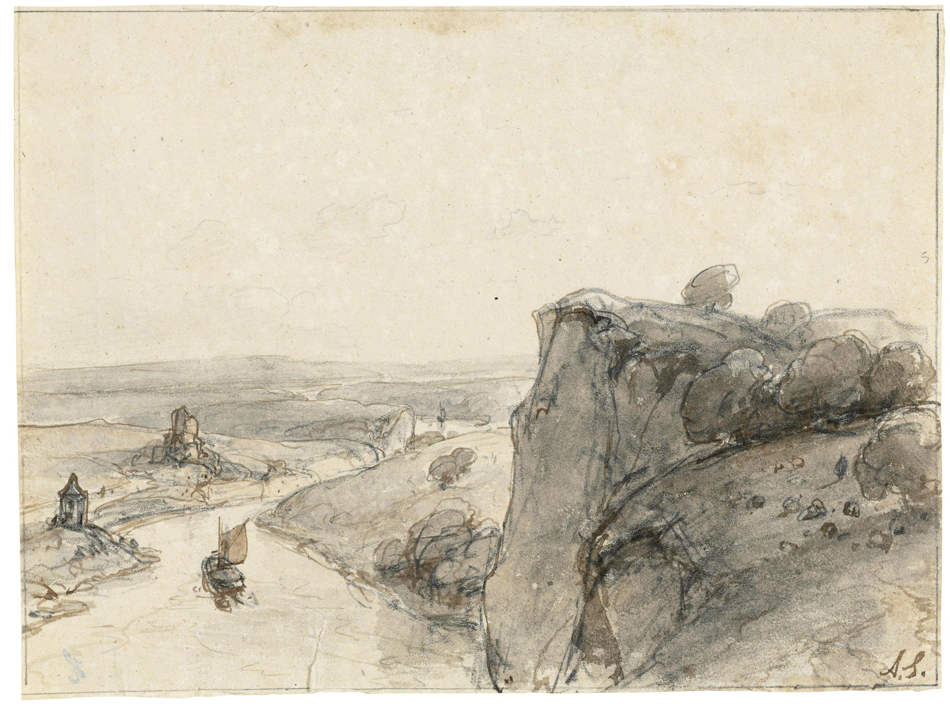 Andreas Schelfhout - A rocky landscape with a sailing boat on a river