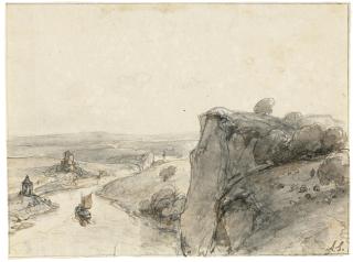 Andreas Schelfhout - A rocky landscape with a sailing boat on a river