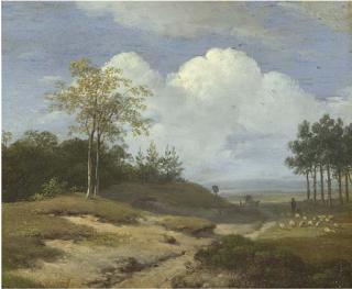 Andreas Schelfhout - A summer landscape with a shepherd and his flock