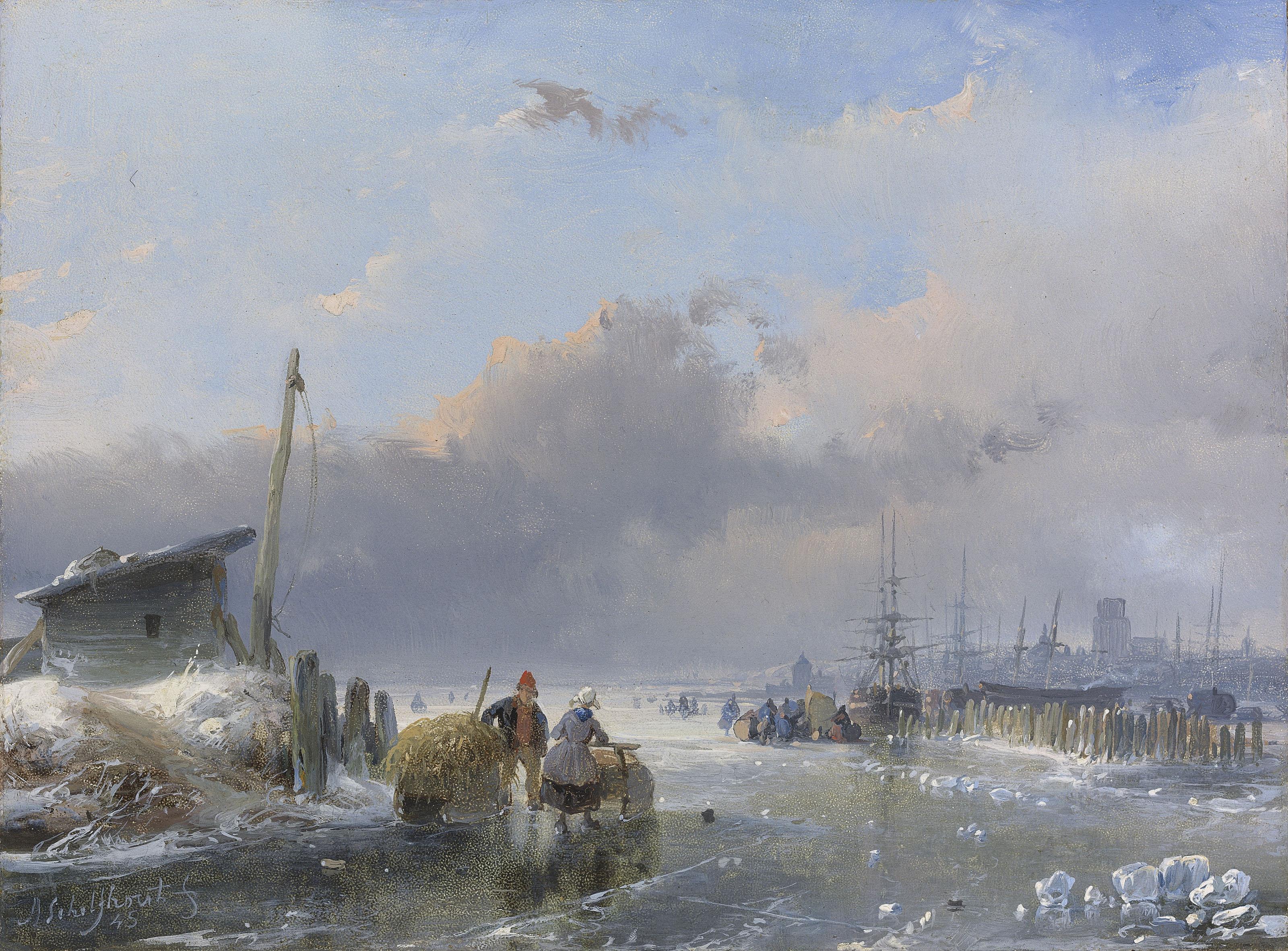 Andreas Schelfhout - A view of Dordrecht in winter