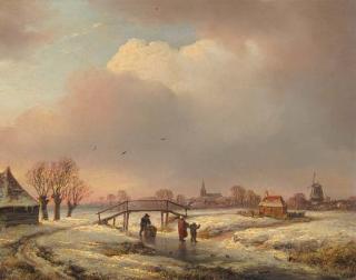 Andreas Schelfhout - A winter landscape with figures on a frozen waterway