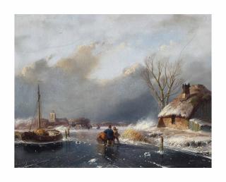 Andreas Schelfhout - A winter landscape with figures on the ice