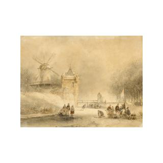 Andreas Schelfhout - A Winterlandscape With Skaters And Other Figures Near A Koek And Zopie