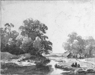 Andreas Schelfhout - A wooded landscape with figures resting by a pond, a farm beyond