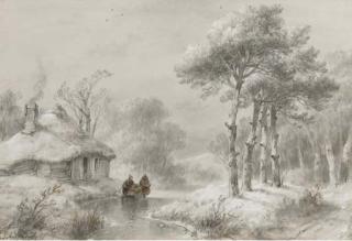 Andreas Schelfhout - A wooded winter landscape with figures by a cottage