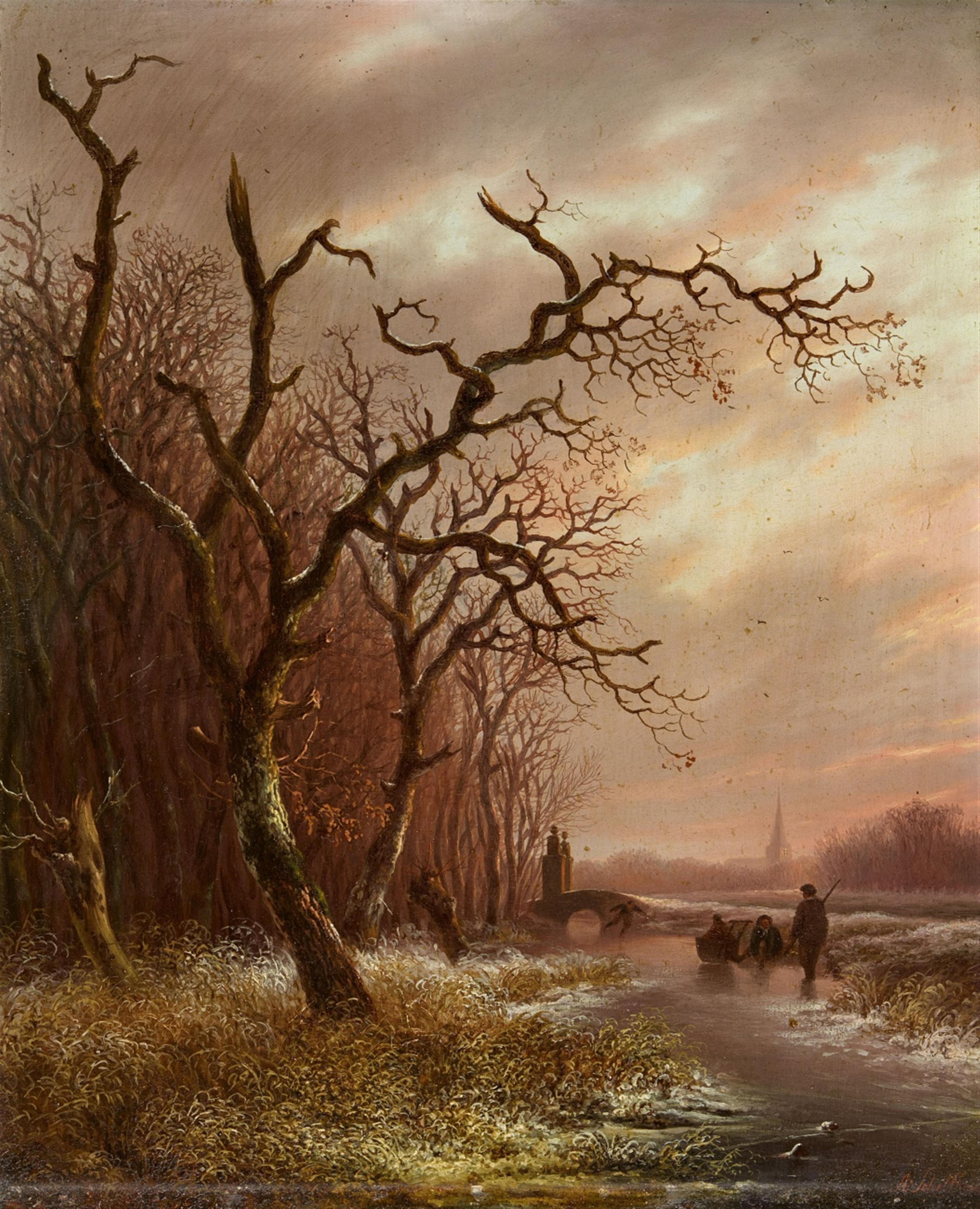 Andreas Schelfhout - Abendliche Winterlandschaft mit Schlittschuhläufern