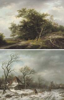 Andreas Schelfhout - Along a country track in winter; and Sportsmen by a forest edge in summer