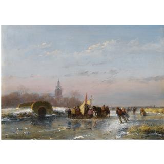 Andreas Schelfhout - Dutch a Frozen Waterway With Skaters By A Refreshment Stall
