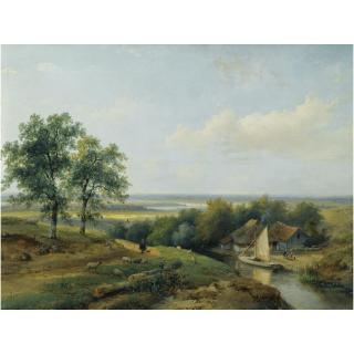 Andreas Schelfhout - Dutch A Herd With His Flock In A Panoramic Summer Landscape  