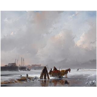 Andreas Schelfhout - Dutch A Horse-Drawn Sledge Near A Frozen Harbour