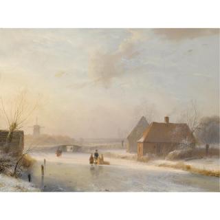 Andreas Schelfhout - Dutch Figures On The Ice At Sunset