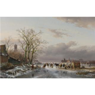 Andreas Schelfhout - Dutch numerous Skaters And A Horse-Sledge By A Refreshment Stall, A Town In The Distance