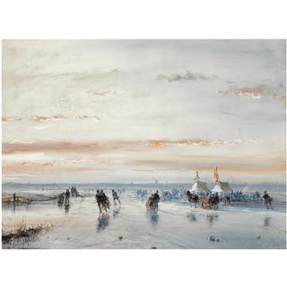 Andreas Schelfhout - Dutch Winter Fun On The Ice Near A \'Koek En Zopie\'