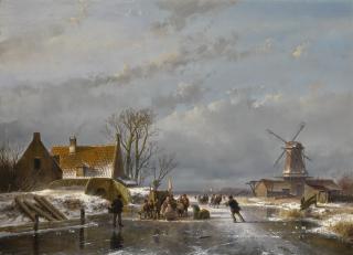 Andreas Schelfhout - Dutch winter Landscape With Skaters And A Koek-En-Zopie