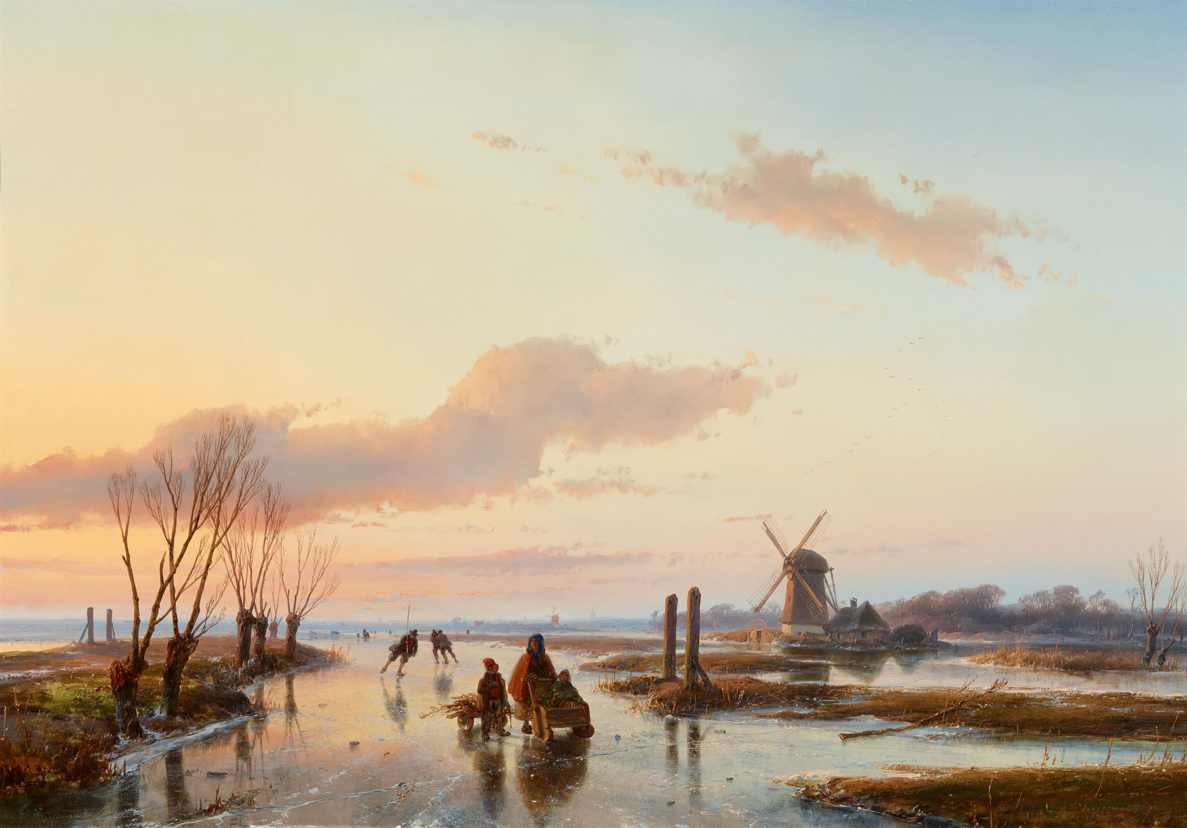 Andreas Schelfhout - Ein gefrorener Flußlauf mit Schlittschuhläufern