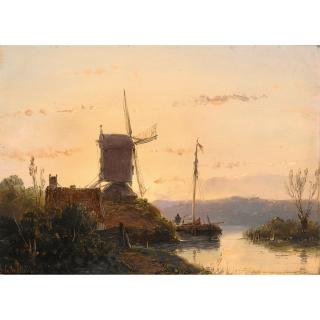 Andreas Schelfhout - Figures On A Boat In A Summer Landscape