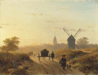 Andreas Schelfhout - Figures on a dusty track in late afternoon