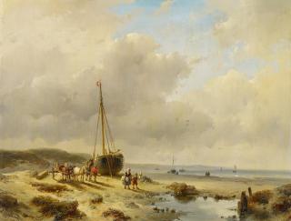 Andreas Schelfhout - Fischerboot am Strand