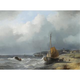 Andreas Schelfhout - Fisherfolk By A Beached Bomschuit