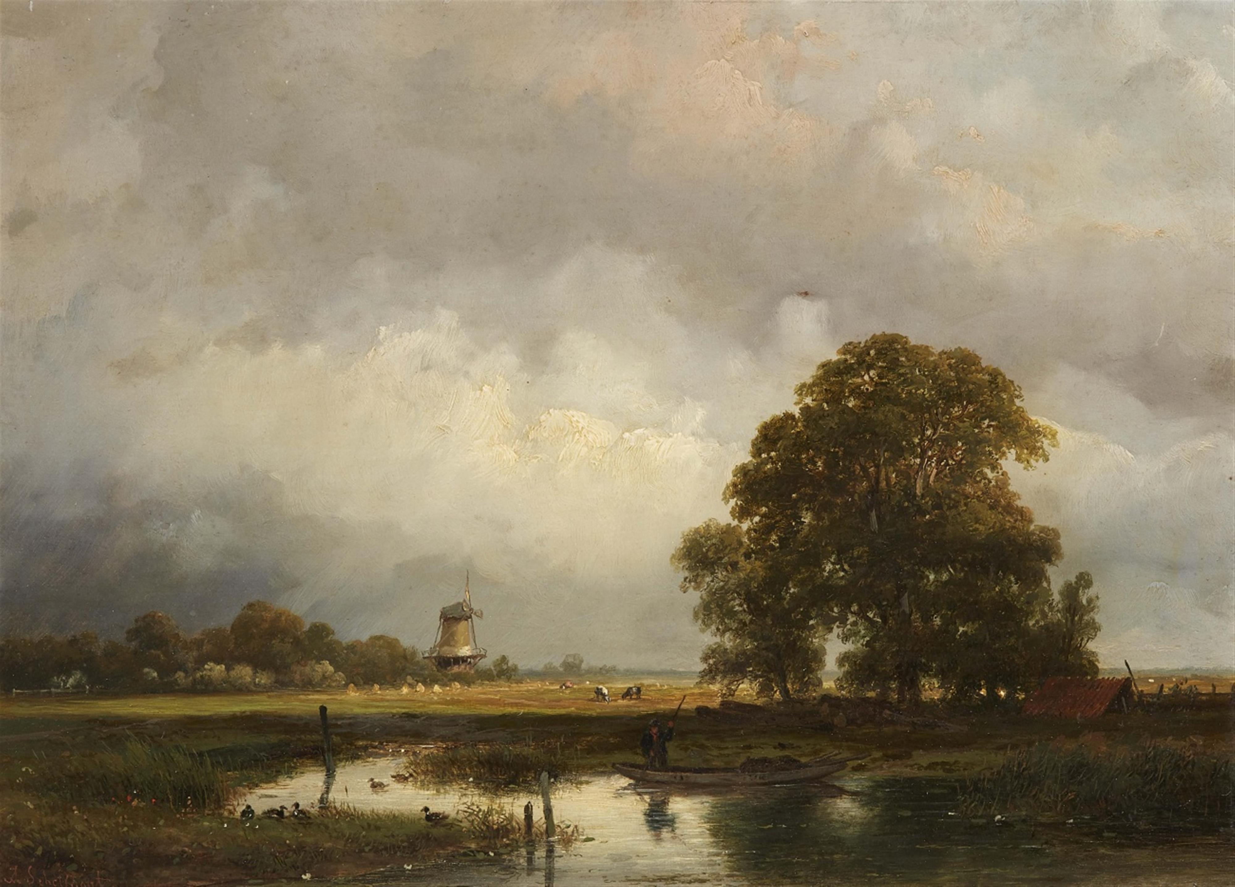 Andreas Schelfhout - Flusslandschaft mit Mühle