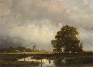 Andreas Schelfhout - Flusslandschaft mit Mühle