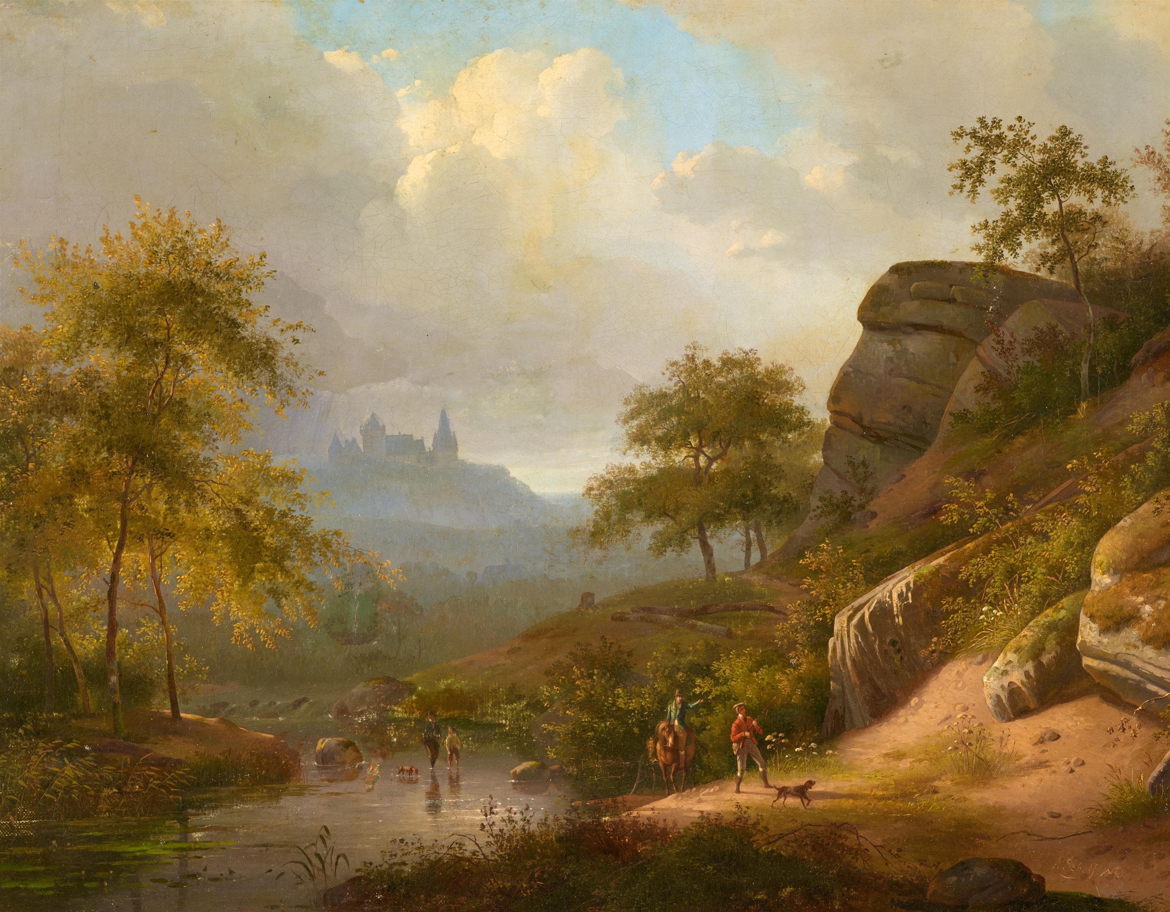 Andreas Schelfhout - Landschaft mit Burg und Staffagefiguren