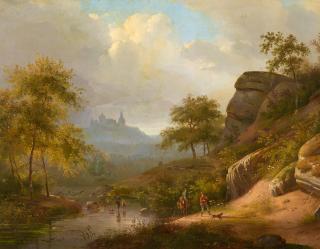 Andreas Schelfhout - Landschaft mit Burg und Staffagefiguren