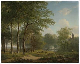 Andreas Schelfhout - Shepherd resting on a country lane near a castle