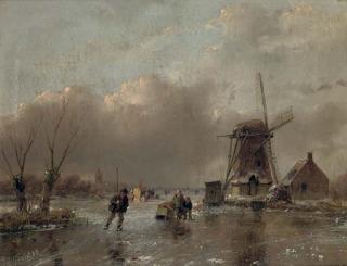 Andreas Schelfhout - Skaters by a mill with a koek en zopie beyond