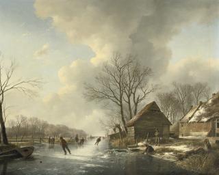 Andreas Schelfhout - Skaters near a farmhouse in winter