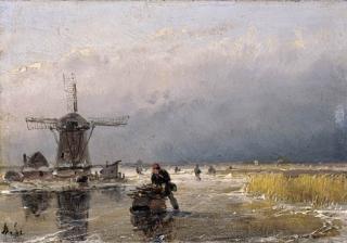 Andreas Schelfhout - Skaters on a frozen waterway by a windmill