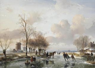 Andreas Schelfhout - Skaters on a frozen waterway on a sunny wintersday, a cottage and windmills on the riverbank