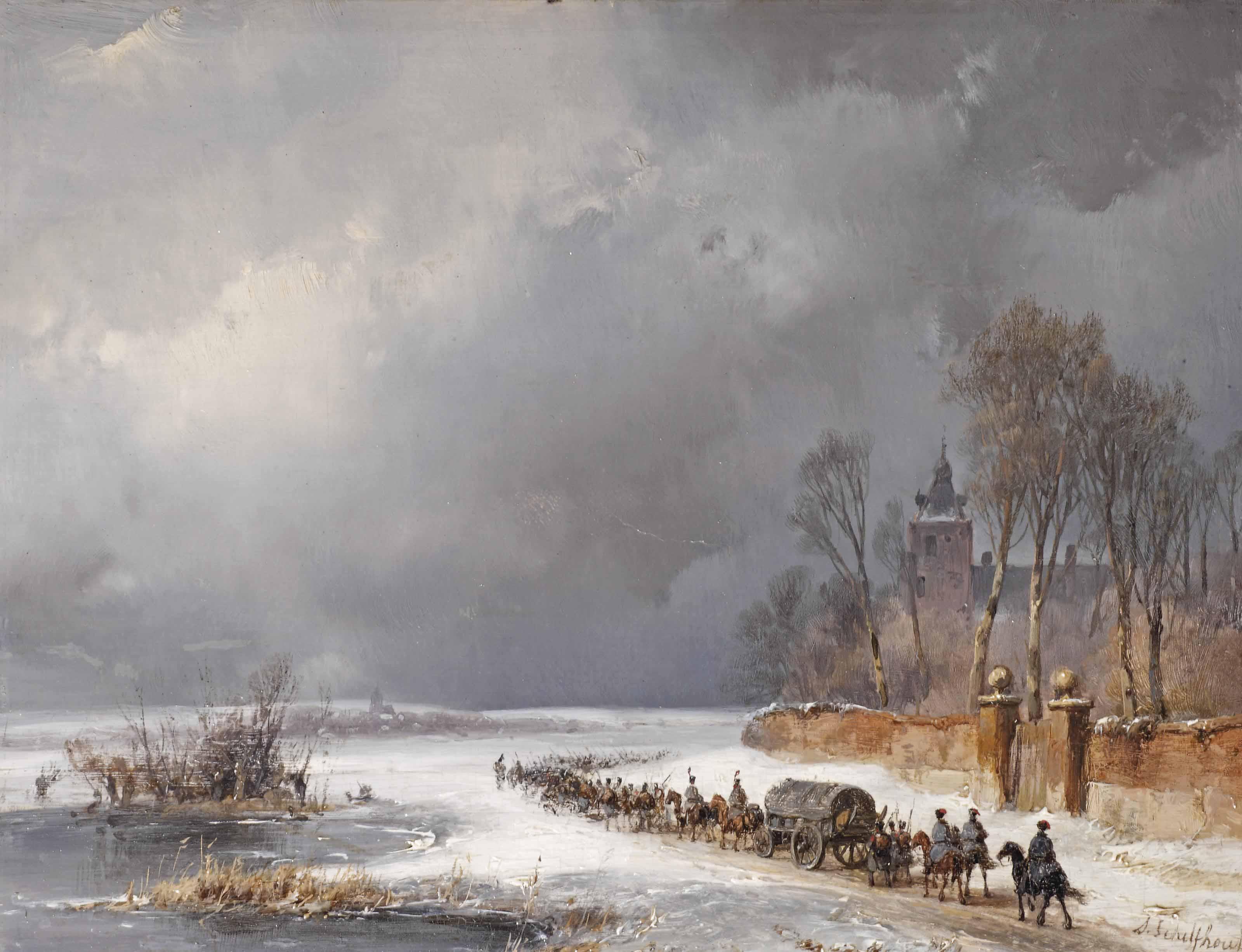 Andreas Schelfhout - Soldiers Marching In The Snow