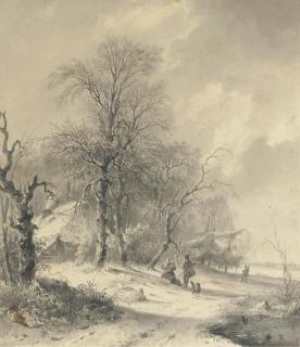 Andreas Schelfhout - Winter: sportsmen on the edge of a forest