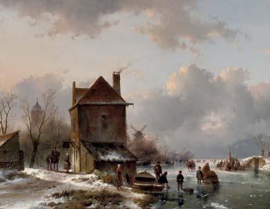 Andreas Schelfhout - Wintergezicht met schaatsrijders: a busy day on the ice