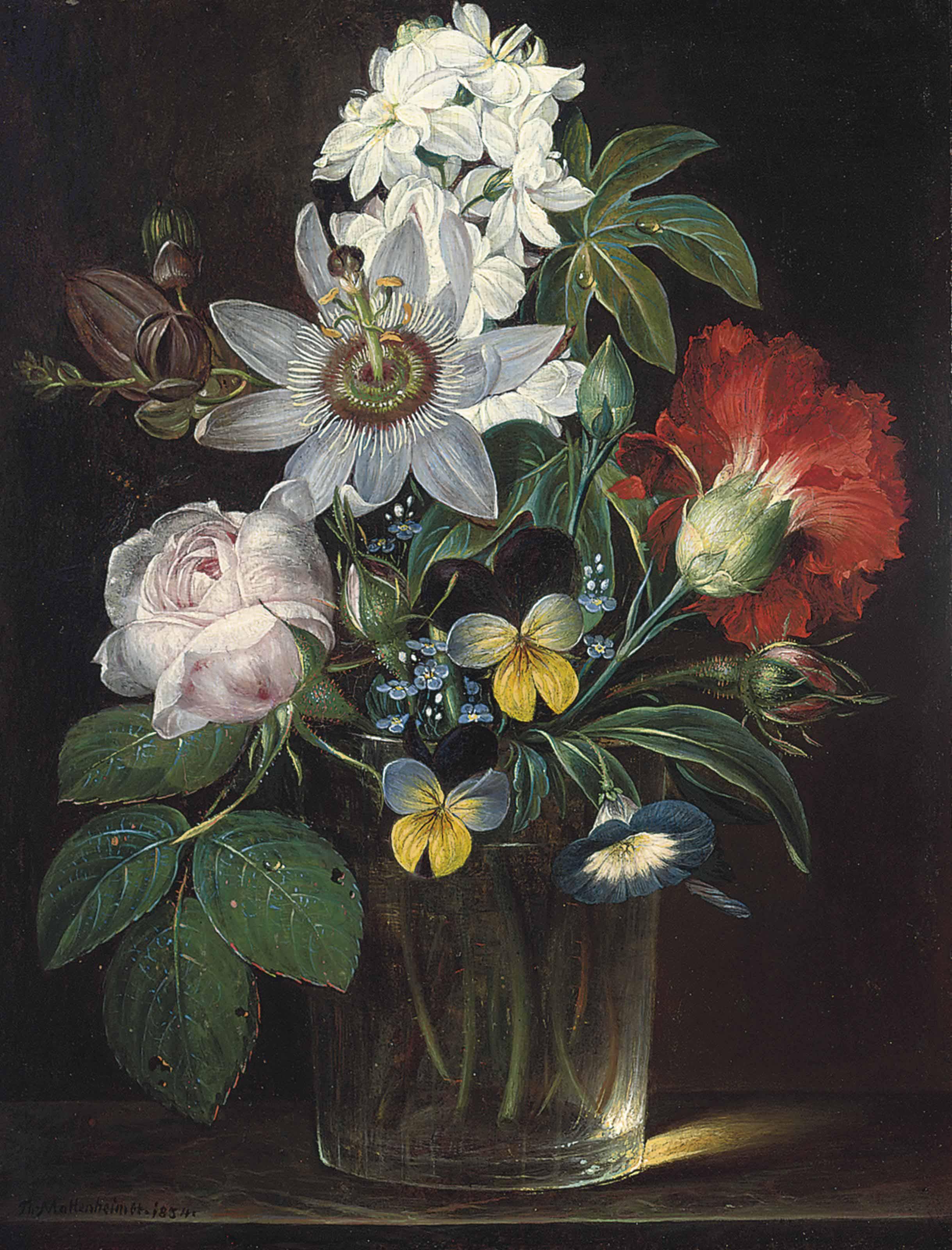 Andreas Theodor Mattenheimer - Roses, a carnation, forget-me-nots, violets, morning glory, a passion flower and a delphinium in a glass vase