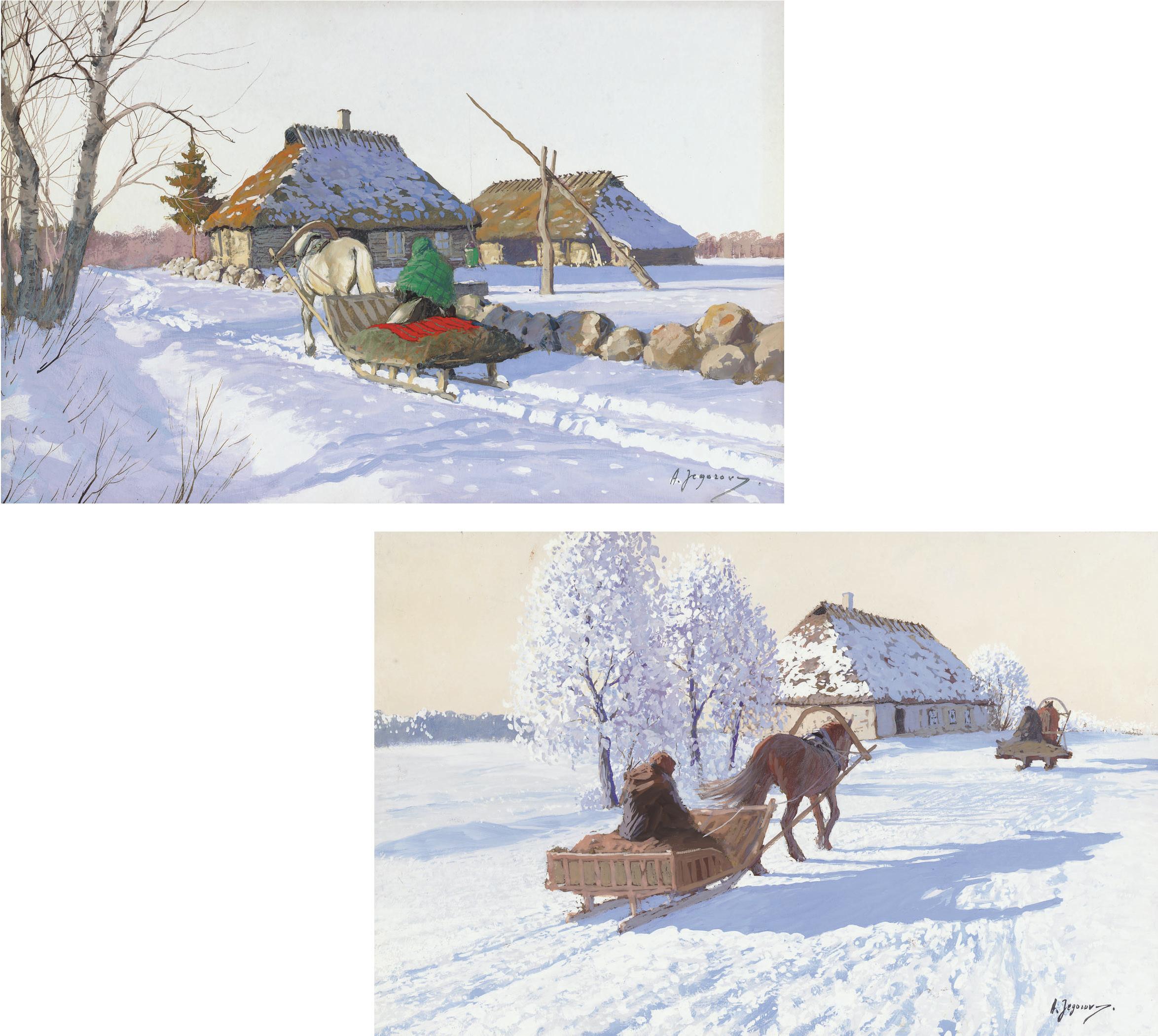 Andrei Afanas\'evich Egorov - A Sleigh Returning To A Farmstead; And Two Sleighs Before A Barn