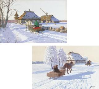 Andrei Afanas\'evich Egorov - A Sleigh Returning To A Farmstead; And Two Sleighs Before A Barn