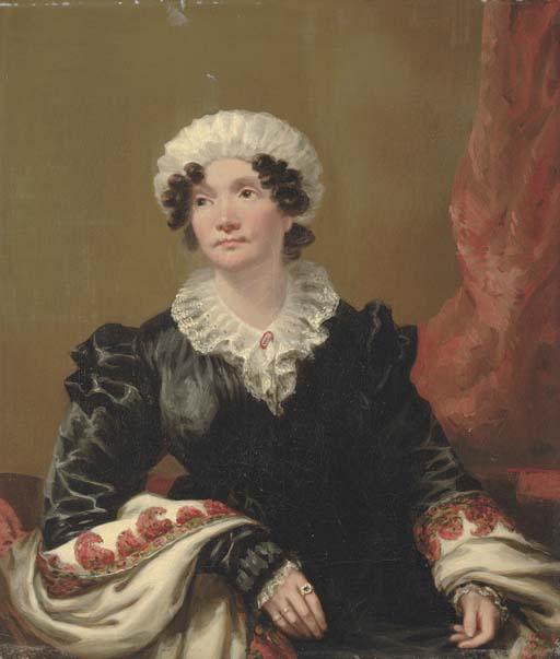 Andrew Geddes - Portrait of a lady, small half-length, seated, in a black dress with shawl and white mob cap