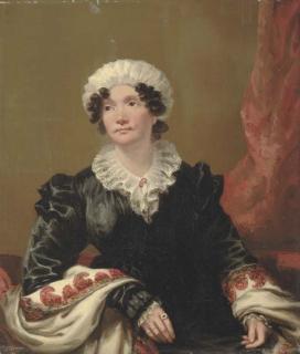 Andrew Geddes - Portrait of a lady, small half-length, seated, in a black dress with shawl and white mob cap