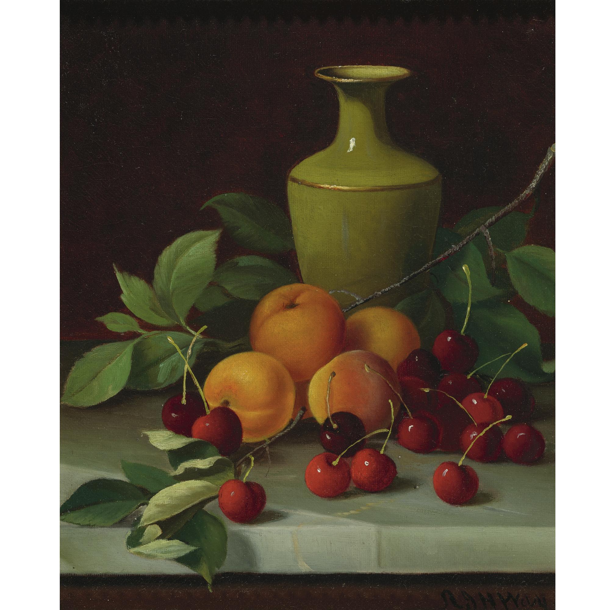 Andrew John Henry Way - Red Cherries, Apricots, And Green Vase