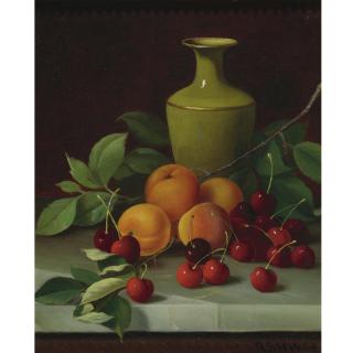 Andrew John Henry Way - Red Cherries, Apricots, And Green Vase
