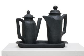 Andrew Lord - Two coffee pots and tray. Grey. 1985.