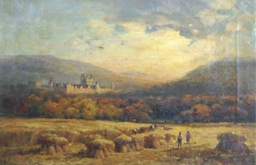 Andrew Melrose - View of Balmoral Castle with figures harvesting in the foreground
