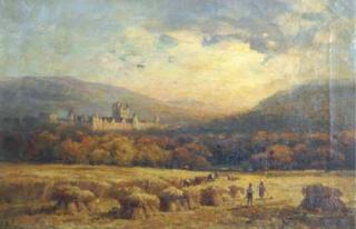Andrew Melrose - View of Balmoral Castle with figures harvesting in the foreground